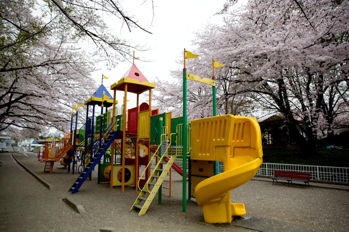 北本市子供公園　大型複合遊具の低学年対象エリア　らせんすべり台