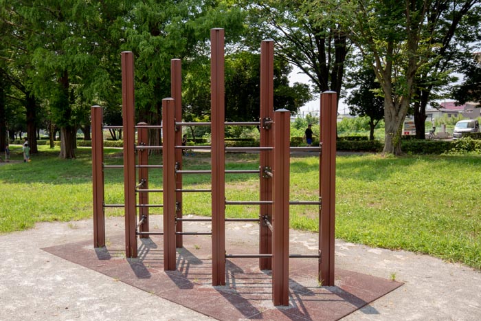 三橋総合公園　トリム広場　2019年5月完成のフィールドアスレチック　鉄棒風クライミング遊具